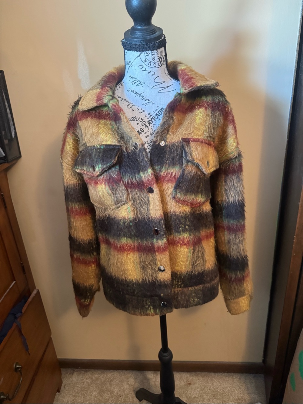Fuzzy Plaid Button-Front Jacket in Mustard and Charcoal